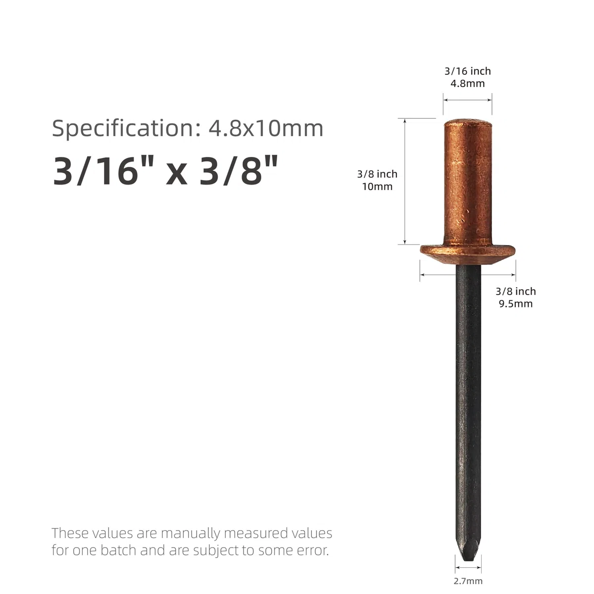 Rivetti ciechi con estremità chiusa, 30 pezzi, Ø4,8 x 10 mm, testa a cupola in rame con mandrino in acciaio, rivetti pop sigillati