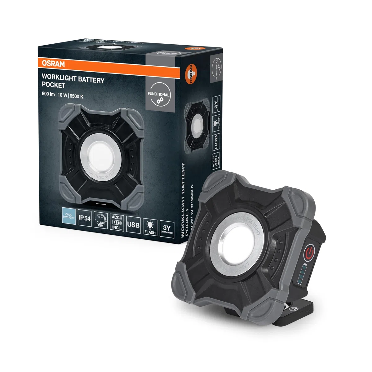 OSRAM Lampada da lavoro a LED Value Battery Pocket, 10W, bianco freddo 6500K, 800 lm, ricaricabile tramite USB, IP54, mobile