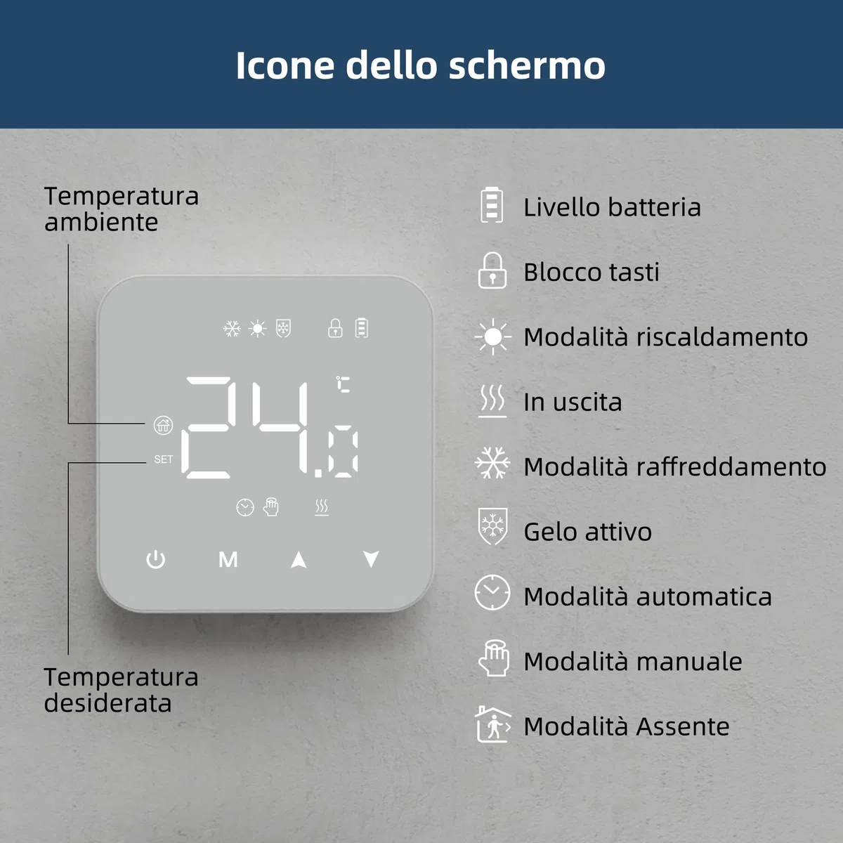 Termostato a batteria 2 fili per caldaie a gas，cronotermostato manuale ambiente a parete