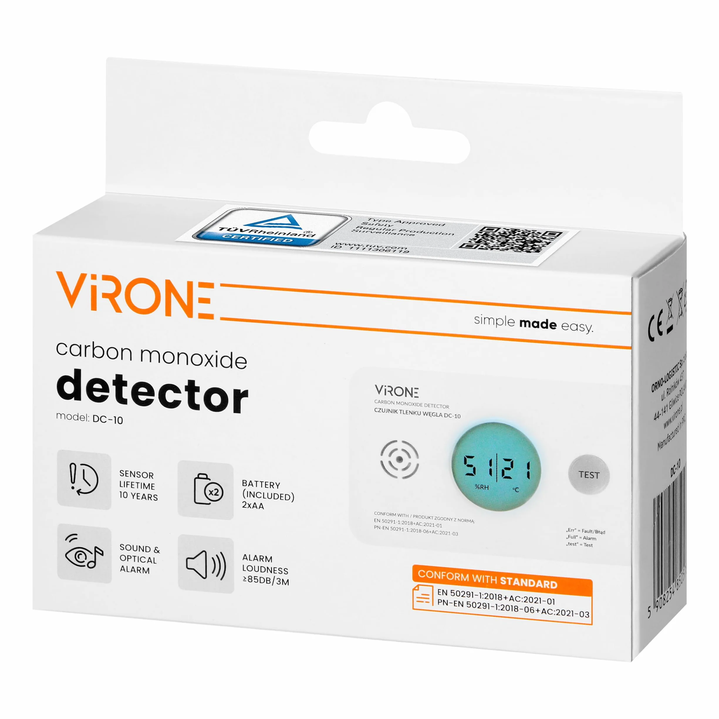 Virone Rilevatore Monossido di Carbonio Display LCD Lettura di Temperatura e Umidità Alimentazione a Batteria Allarme 85dB Durata di 10 Anni Certificazione TÜV IP20