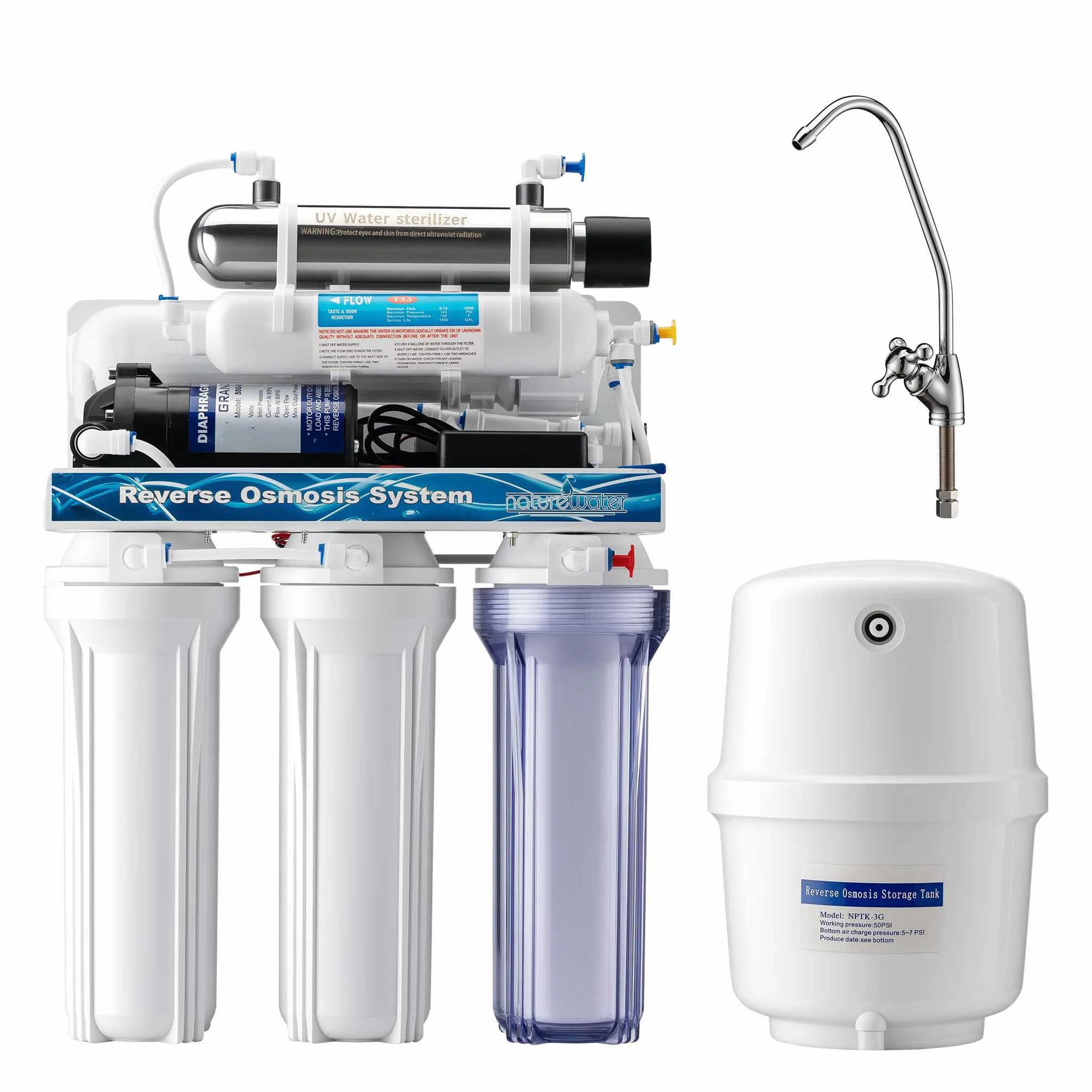 Naturewater Impianto osmosi inversa a 6 stadi 180 l/giorno con chiarificatore UV e pompa di spinta