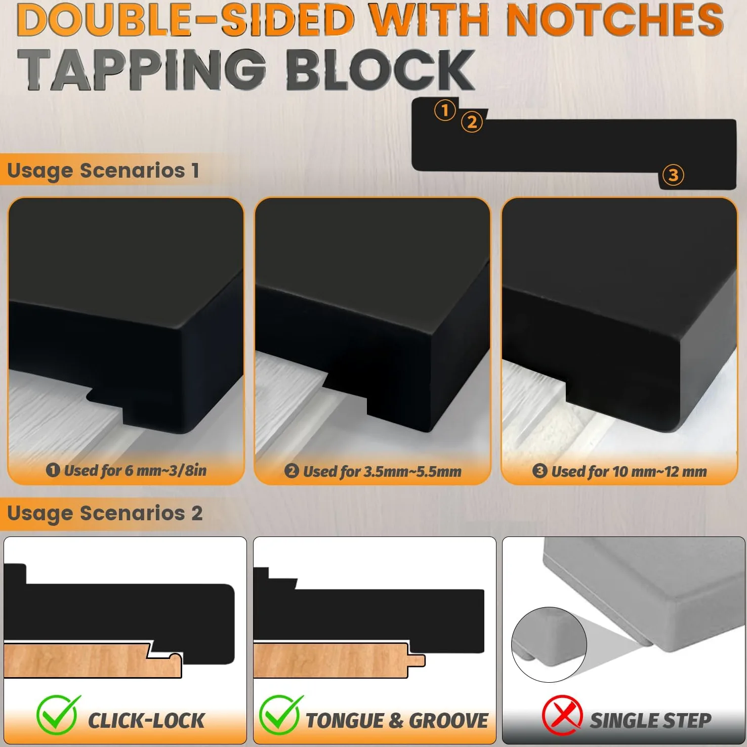 NAACOO Strumenti laminati/piastre di vinile, pavimenti in legno vinile colpito con blocchi - doppio lato con scanalature, tiranti, 40 guarnizioni per pavimento, martello di gomma.Kit di installazion.
