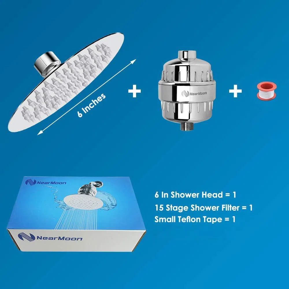 NearMoon Soffione doccia e 15 stadi combinazione di filtri doccia, addolcitore ad alta pressione filtrato per acqua dura, rimuove fluoro di cloro e sostanze nocive, 1 cartuccia filtro sostituibile