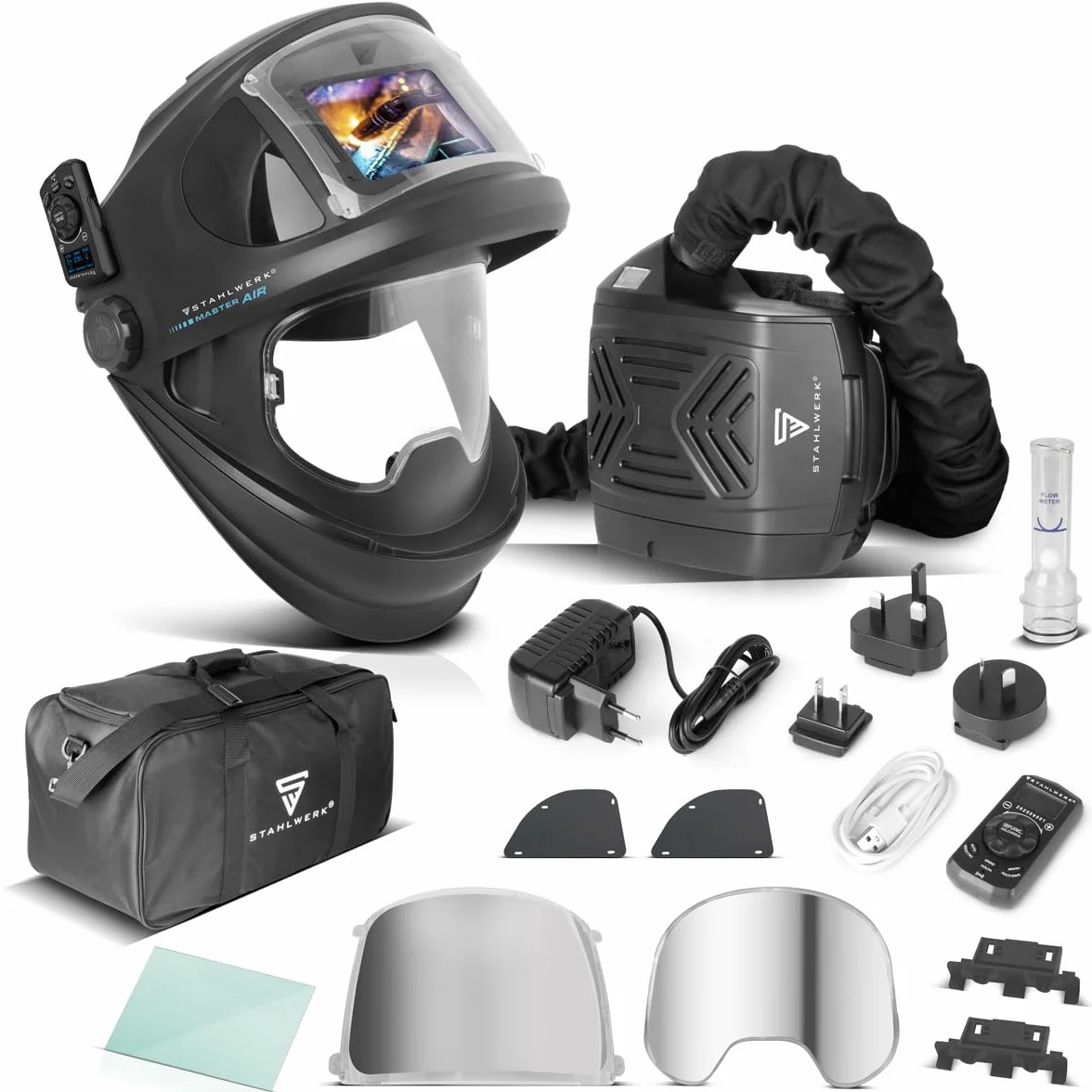 STAHLWERK Casco per saldatura automatico 3 in 1 Master Air, casco per saldatura con aria fresca, controllo di funzionamento tramite Bluetooth, riproduzione dei colori True-Colour, oscuramento da DIN 4