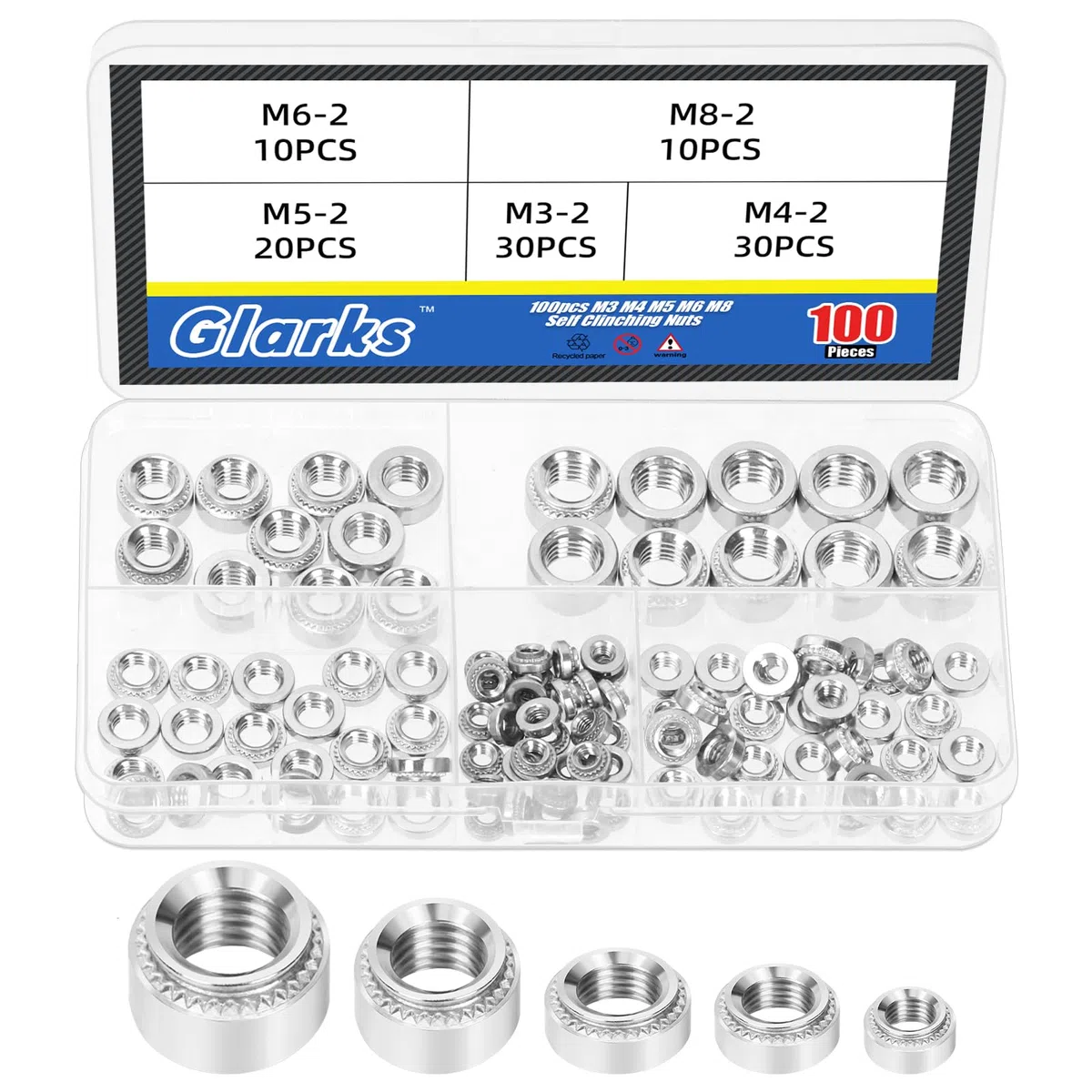 Glarks 100pcs M3 M4 M5 M6 M8 Kit di dadi auto-serratura, dadi a rivetti a testa rotonda in acciaio inossidabile 304, fissaggio a dadi auto-serratura arrotolato per macchinari prodotti elettrici