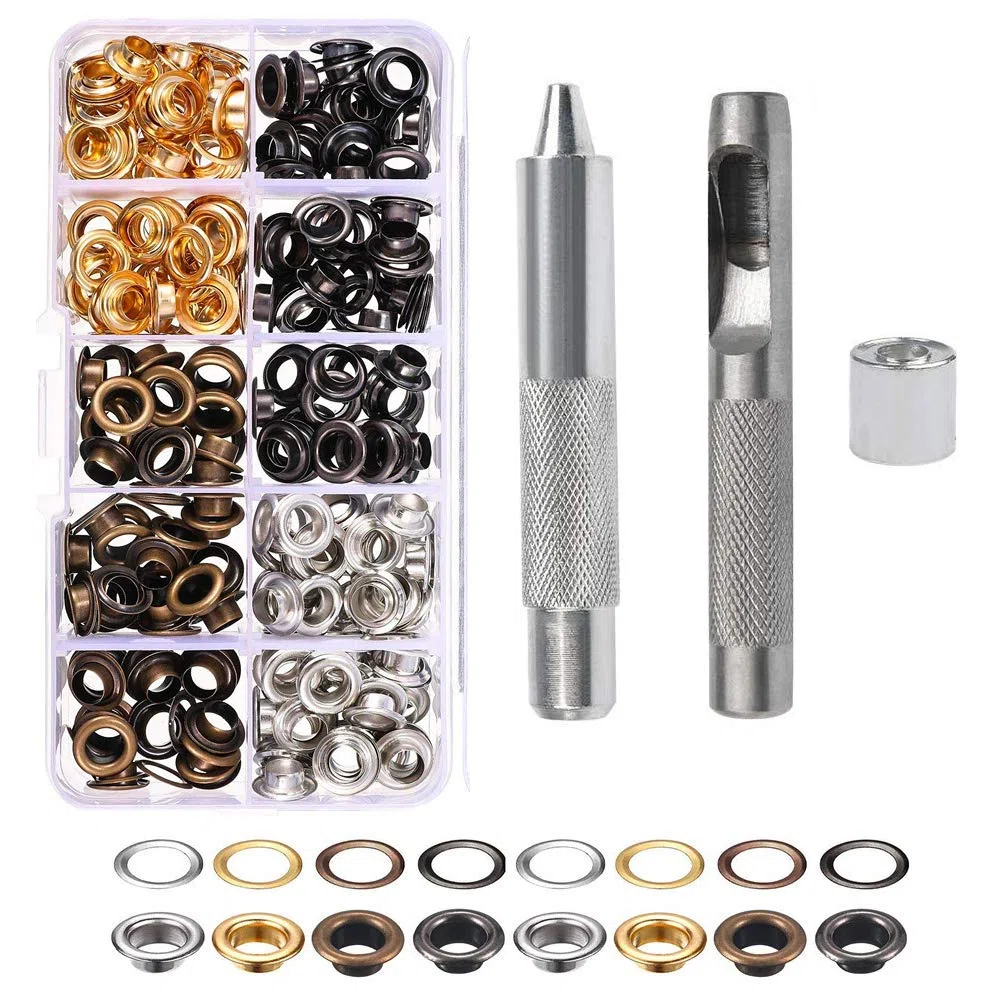 Occhiello Strumento Kit, 100 Set 10 Mm Occhielli Grommet Rondelle, 3 Pezzi Metallo d'Ottone Alta Qualità Strumento Installazione Dell'Occhiello per Tela Cerata, Tessuto, Tende (4 Colori) - Stile B