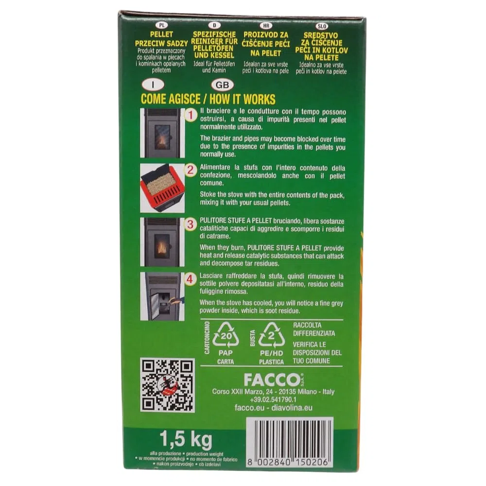 Pulitore Stufe a Pellet, Distrugge la Fuliggine, Libera la Canna Fumaria, Ideale per Tutti i Tipi di Stufe e Caldaie a Pellet, Formato da 1,5kg (2 Unità)