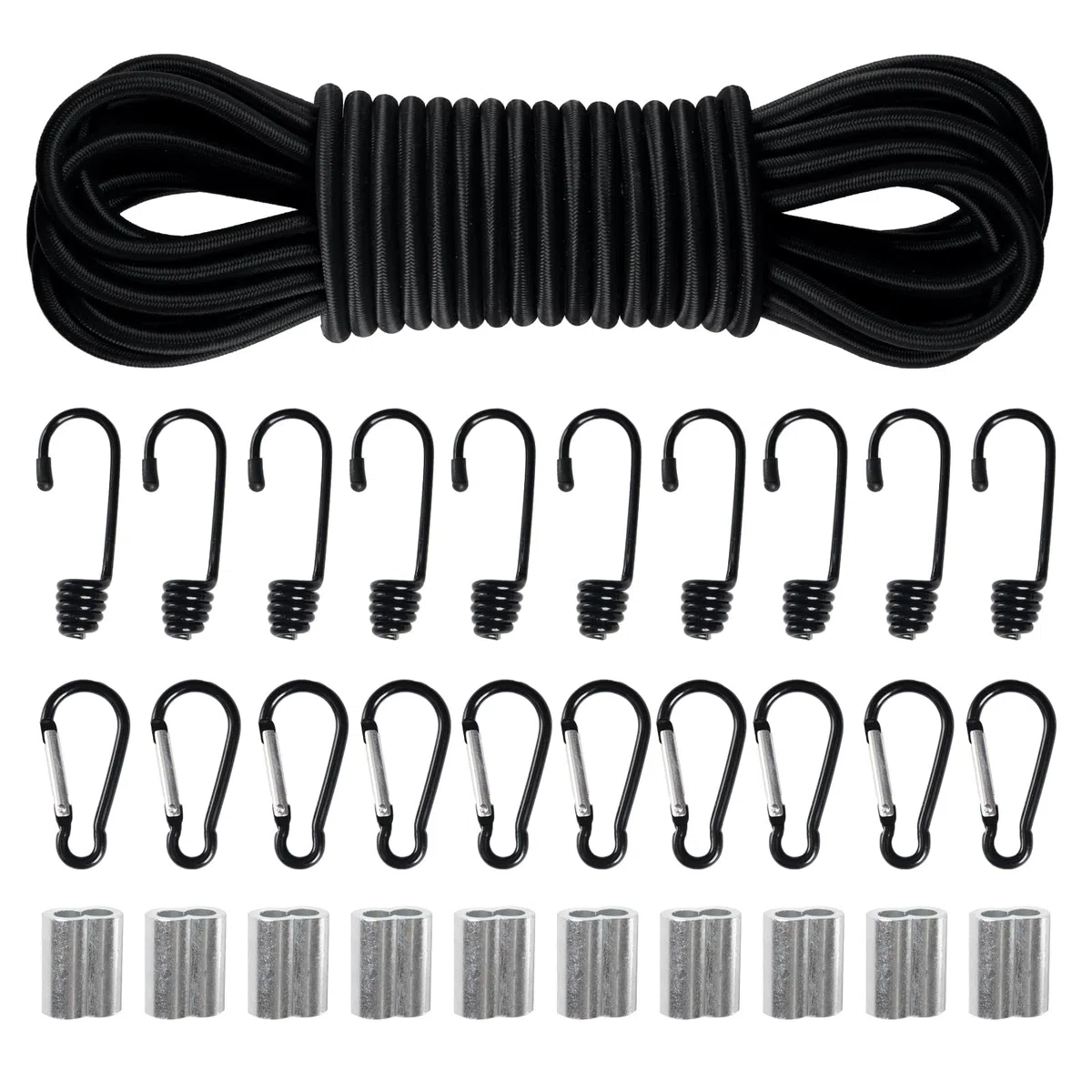 Corde Elastiche 10m x 8mm, Corda di Gomma con Ganci, Moschettoni, Doppi Manicotti in Alluminio, Corda Elastica Cavo Elastico per Teloni, Tende, Trasporto, Giardini e Portapacchi - Set Fai Da Te