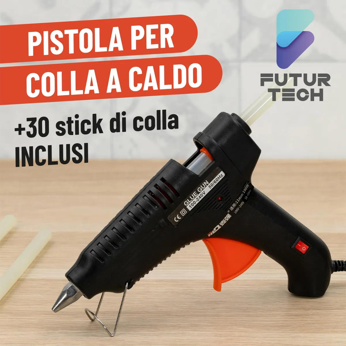 Pistola Colla a Caldo 100W - Precisione, Affidabilità e Praticità per i Progetti di Fai da Te con 30 stick da 20 cm di colla inclusi