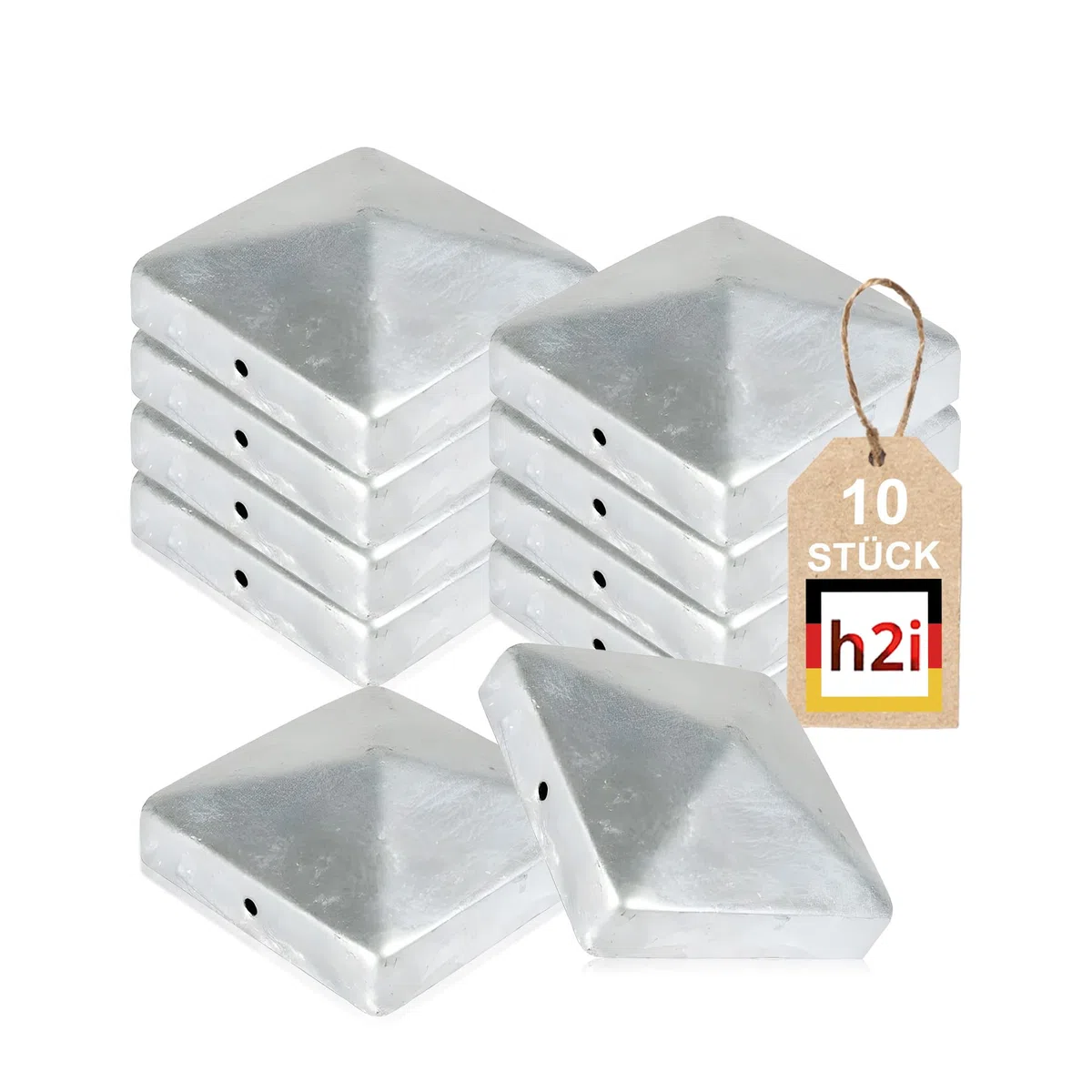 h2i Tappo per pali | acciaio zincato | 91 x 91 mm | 10 pezzi | Tappo di copertura angolare per pali in legno da giardino e pali di recinzione a forma di piramide | Protezione dalle intemperie per
