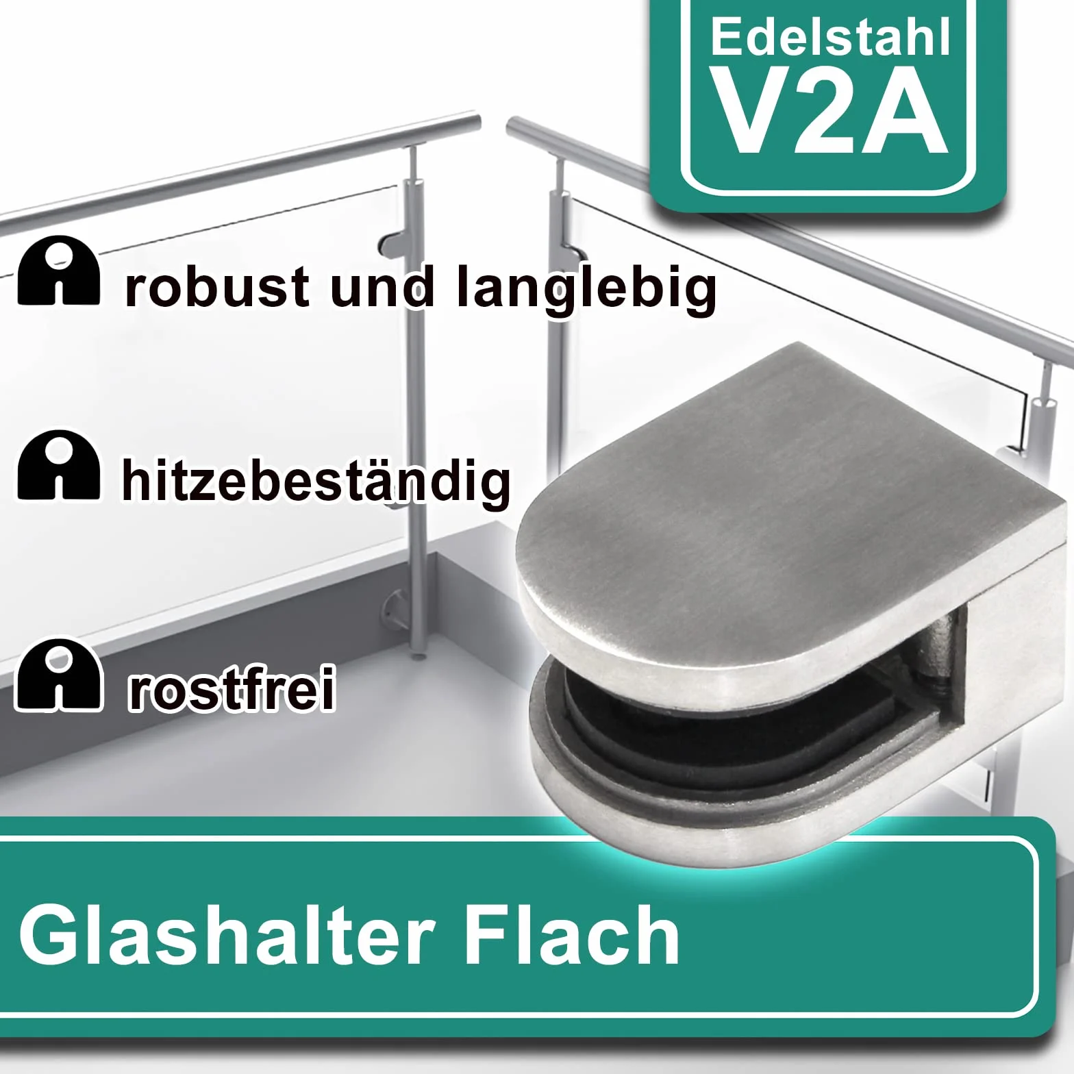 PRIOstahl Set di 4 morsetti in vetro, 50 x 40 x 26 mm, attacco piatto per vetro da 6 mm, supporto per piastra in vetro per ringhiere, ringhiere per scale balcone in acciaio inox V2A