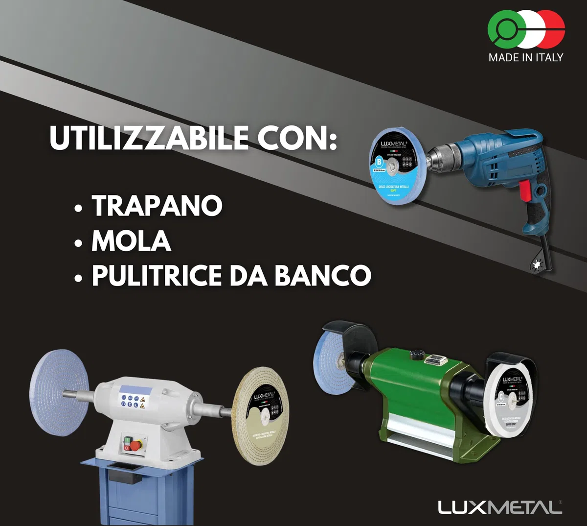 Lux Metal Kit 3 Disco Lucidatura 150 mm (A-B-C) Dischi In Cotone Set Lucidare A Specchio Acciaio Inox Metalli Alluminio Set Lucidante Per Trapano Mola Smerigliatrice Ottone Rame Legno Marmo Plexiglass