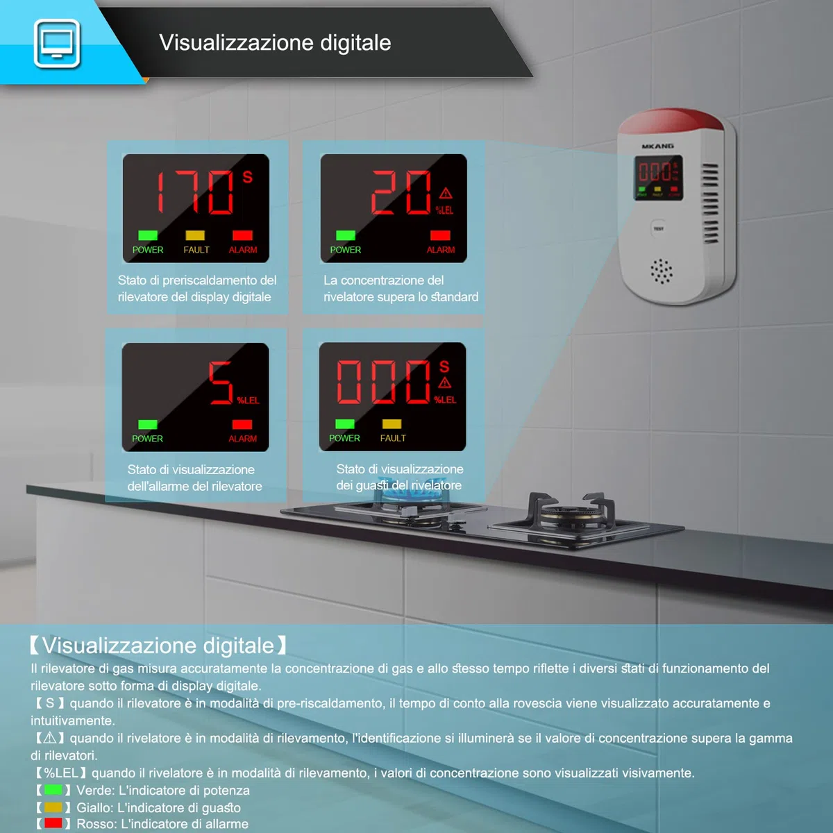 MKANG Rilevatore di perdite di gas GPL/naturale/metano/propano/butano/combustibile plug-in domestico con allarme vocale italiano e display di concentrazione di gas
