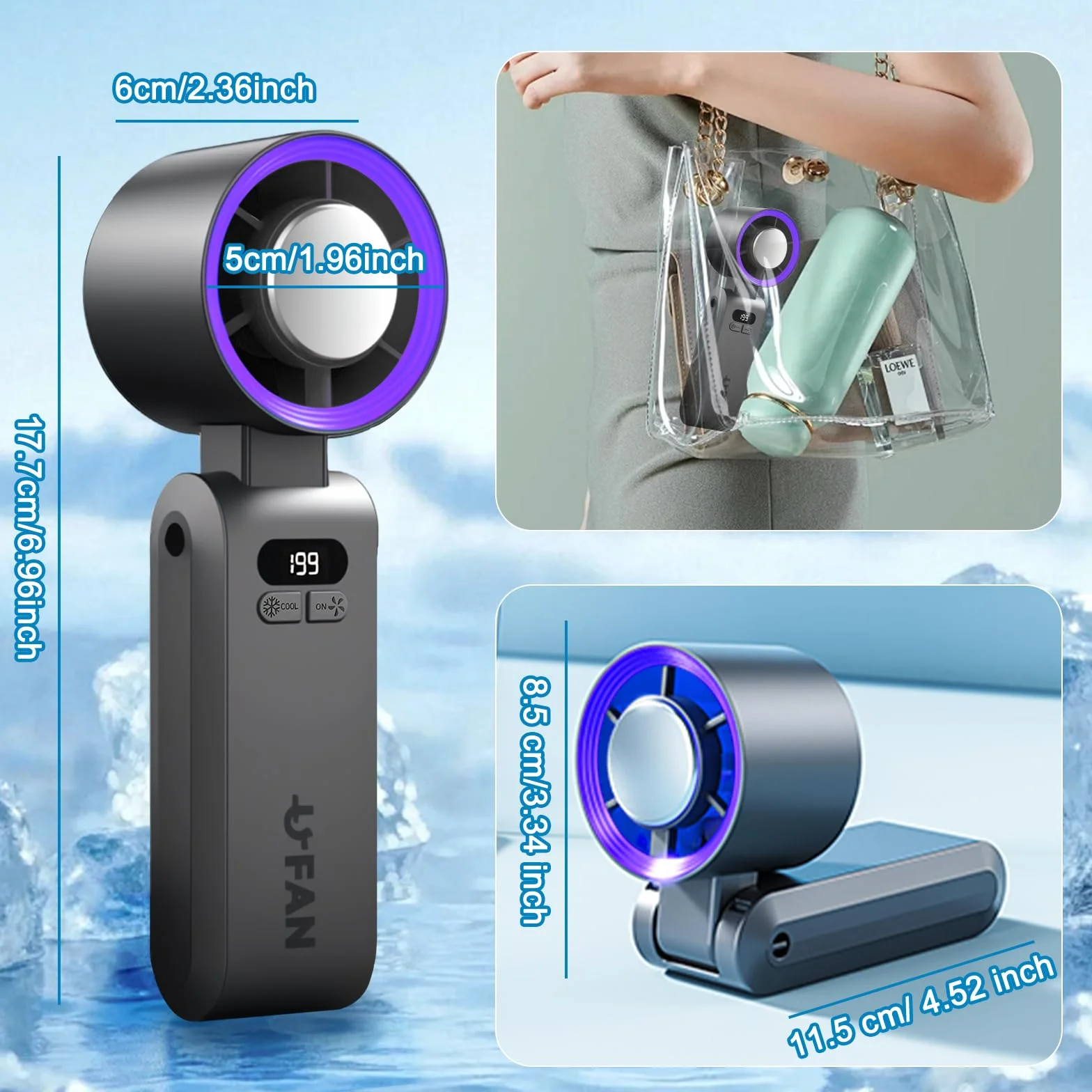 Mini ventilatore portatile a mano,Funzione di raffreddamento,5000 mAh,Flusso d'aria potente di 10 m/s(1-199 velocità),Ventilatore da collo pieghevole USB per campeggio,Viaggi,Casa,Ufficio (Grey)