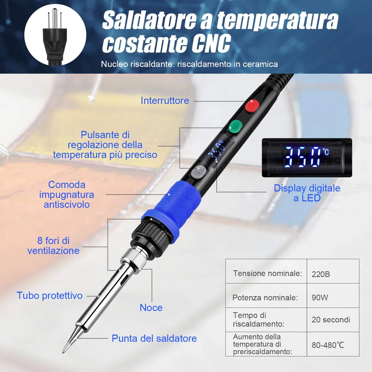 Kit Saldatore Elettrico Professionale, 90W 220V Temperatura Regalabile80℃- 480℃ 5 Punte, Pinzette Antistatiche Adatto per fai da te, per Principianti