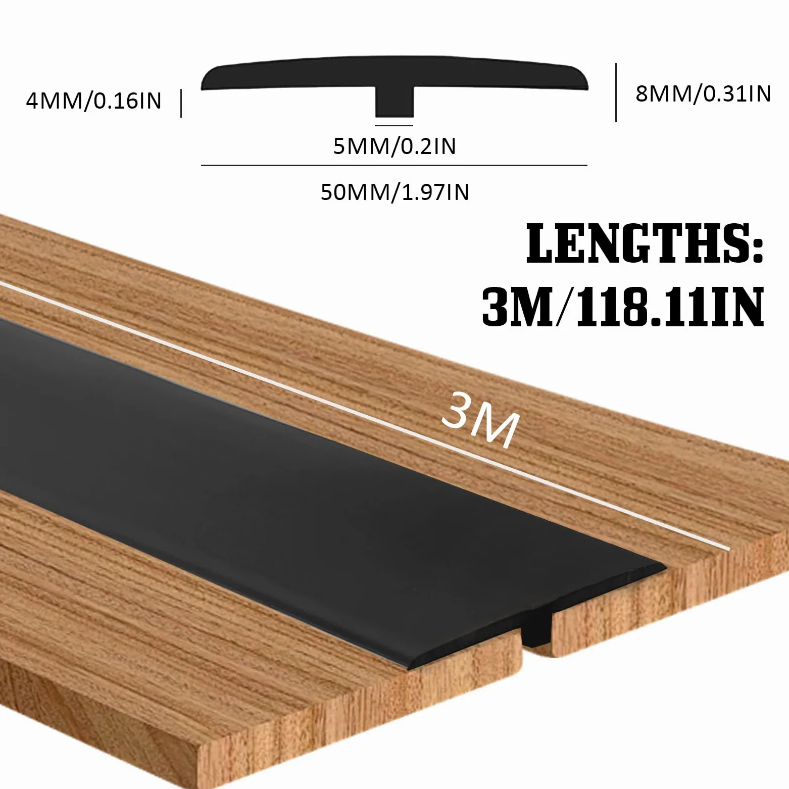 Profilo di transizione autoadesiva, larghezza 50 mm, striscia di transizione autoadesiva in PVC, forma a T, flessibile, per laminato/MDF e pavimenti in legno (nero, 3 m)