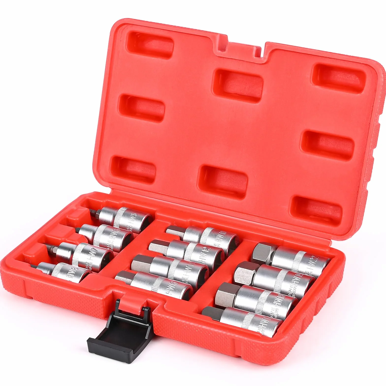 12 Pezzi Set di Bussole a Bussola Esagonali,Set di Bussole Esagonali 1/2,Bussole in Acciai per Utensili da 5-22 mm con Custodia Portatile,Anticorrosione per Uso Automobilistico e Industriale (Rosso)