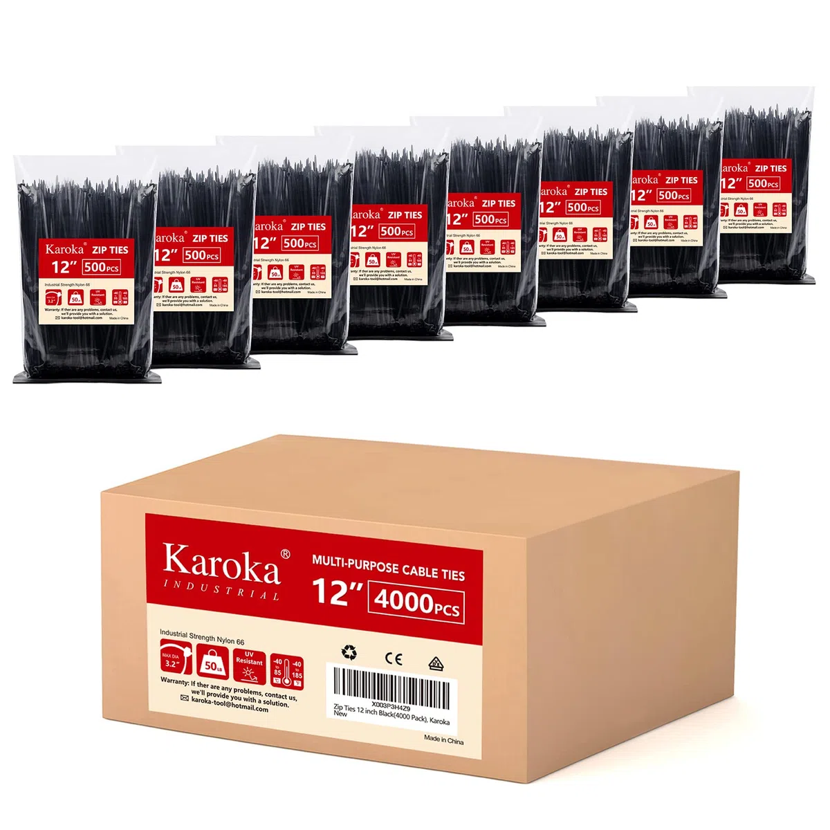 Karoka - Fascette di chiusura da 12 pollici (confezione da 4000), colore nero, resistenza alla trazione da 50 libbre, resistenti ai raggi UV per interni ed esterni