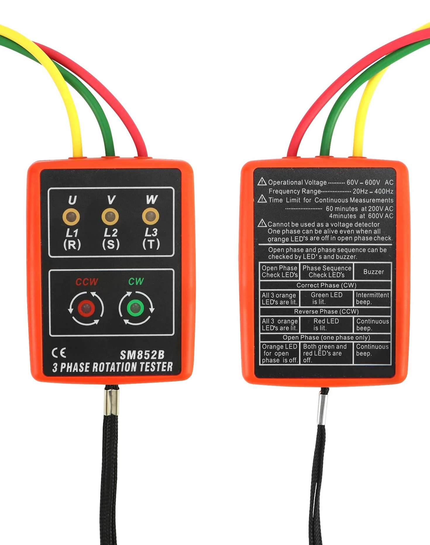 QWORK Tester di fase, misuratore di campo girevole per 3 fasi, 60 V ~ 600 V AC, 20 – 400 Hz, con tester estivo e morsetti a coccodrillo