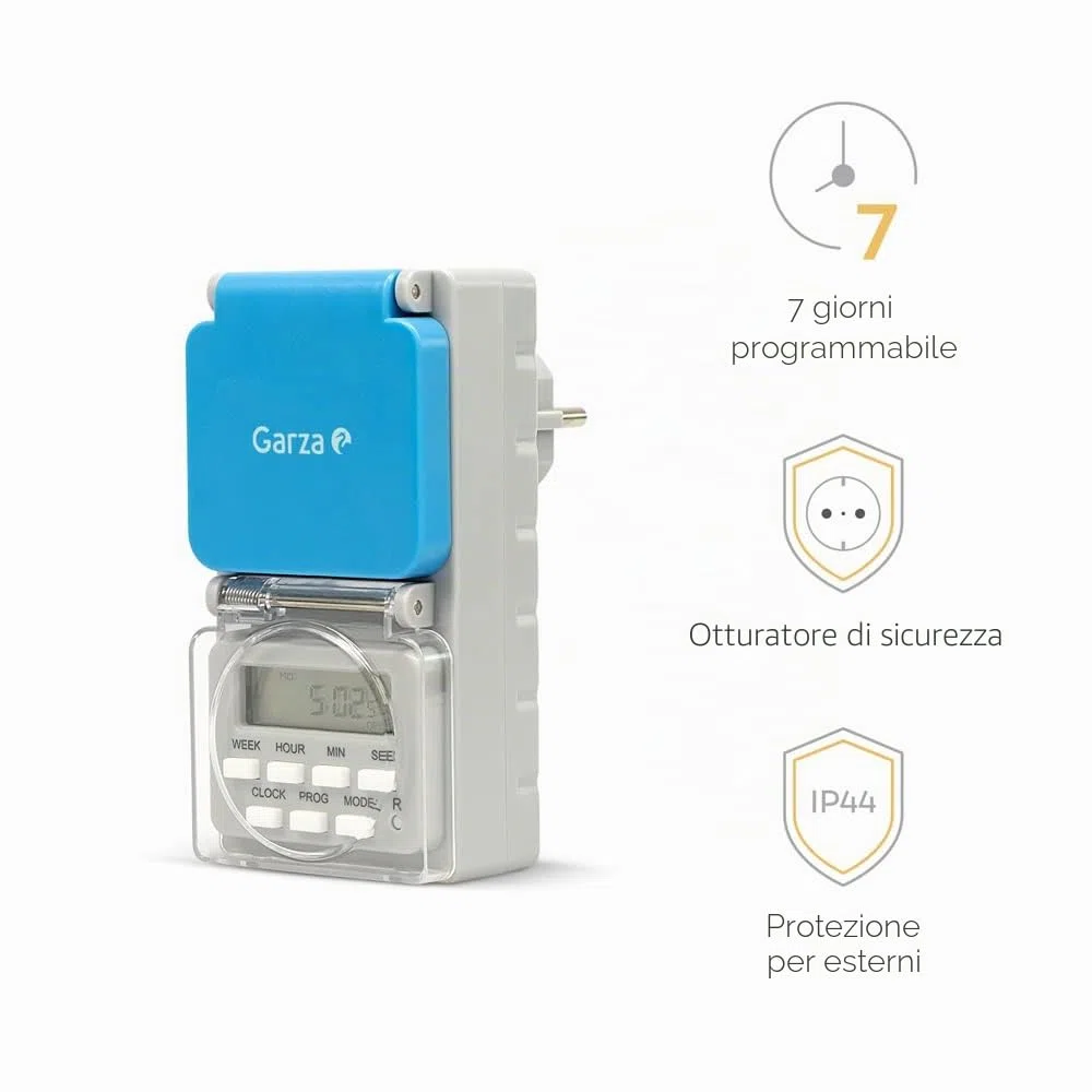 Garza - Spina digitale da esterno IP44 impermeabile, timer settimanale 24/7, 8 programmi ON/OFF, modalità casuale, protezione bambini, display LCD, 3680W 16A, Type F
