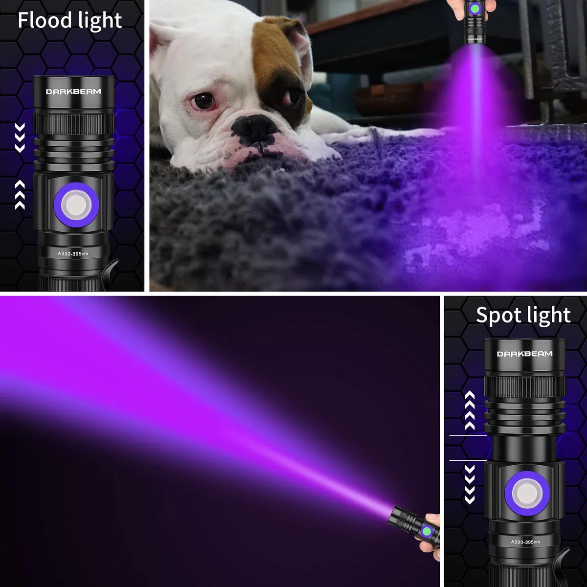 DARKBEAM Torcia UV 395nm Ricaricabile, Lampada di Wood Luce uv LED Ultravioletta Mini Portatile USB - per resina epossidica, urina, quadri, ambra, rilevamento perdite AC - con Occhiali UV