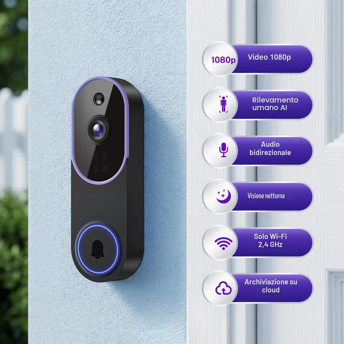 Telecamera per campanello wireless 1080p con ricevitore, rilevamento intelligente di esseri umani, conversazione a due vie, visualizzazione in diretta, visione notturna, solo WiFi 2.4G