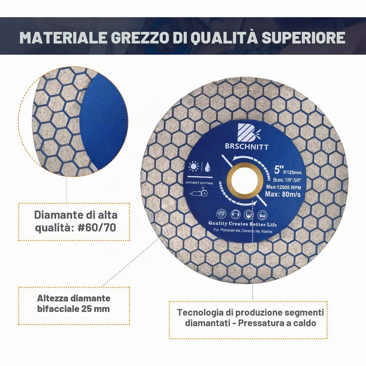 Disco da taglio diamantato 125 mm – Taglio su entrambi i lati per tagliare e levigare granito marmo piastrelle pietre naturali.