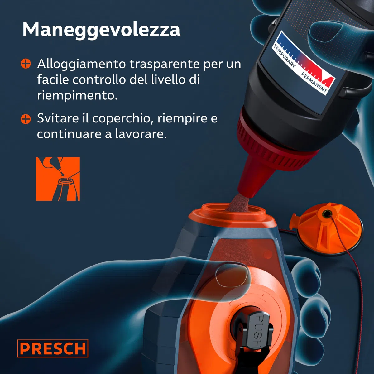 PRESCH Tracciatore a Filo da 30m con gesso rosso (150g) - Ritrazione rapida grazie al cambio 6:1 - Idrorepellente e resistente - Linea robusta per linee precise