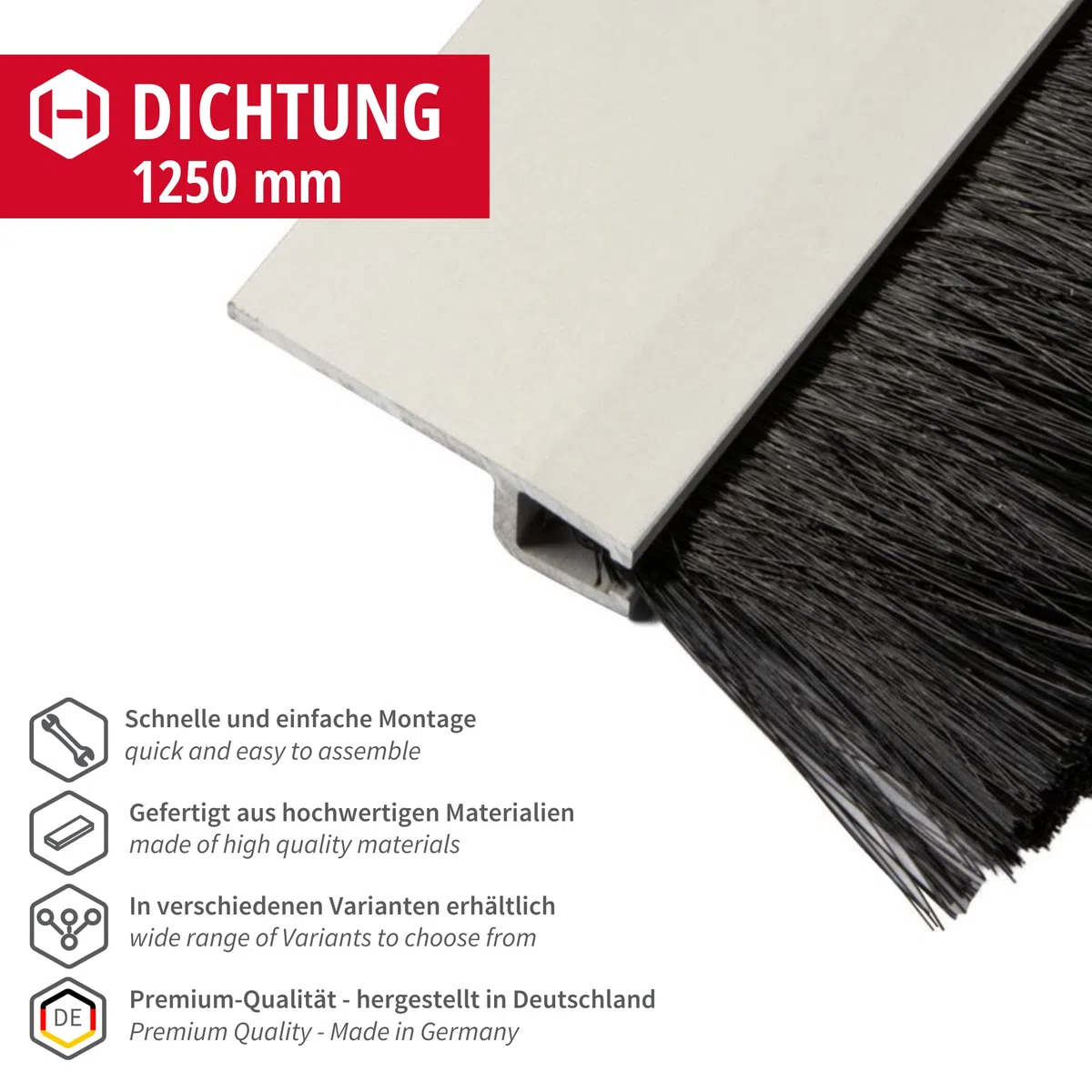 Gedotec Striscia per porte con spazzola Protezione contro il freddo e gli insetti | 1x paraspifferi per porte Guarnizione a spazzola in alluminio | Lunghezza: 1,25 m
