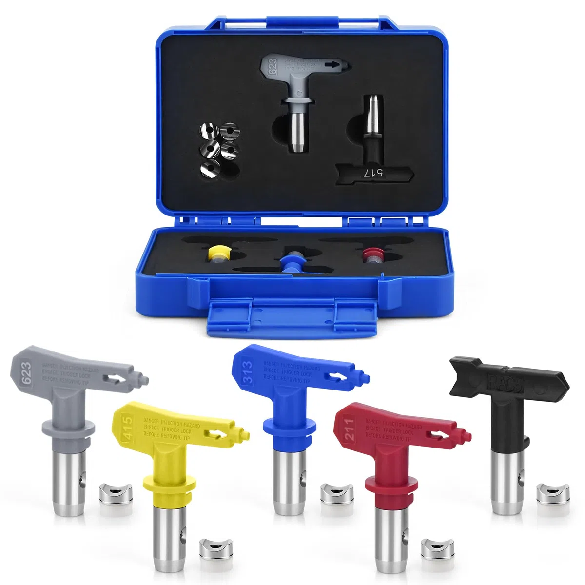 5 punte spray Airless, kit di 5 punte per spruzzatore di vernice airless, punte reversibili per pistola a spruzzo airless e mini scatola (211,313,415,517,623)