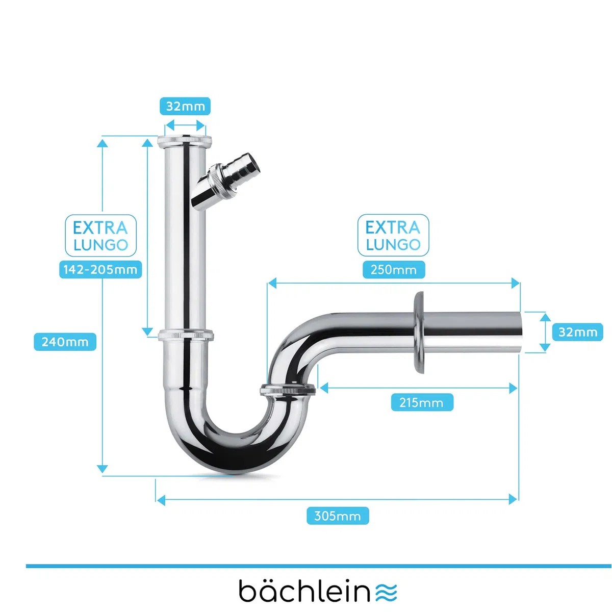 Bächlein sifone universale per lavabo (extra lungo 200mm - sifone tubolare