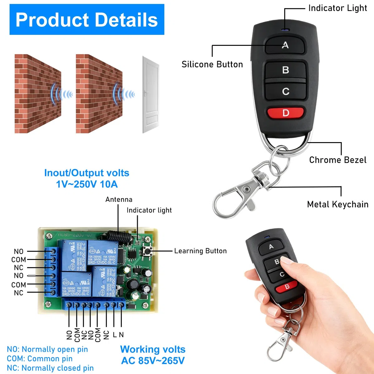 Interruttore radiocomandato, 220 V, 10 A, 433.92 MHZ, 4 canali, ricevitore RF relè con 2 trasmettitori, codice di apprendimento RF radiocomandato, telecomando per luce, porta del garage
