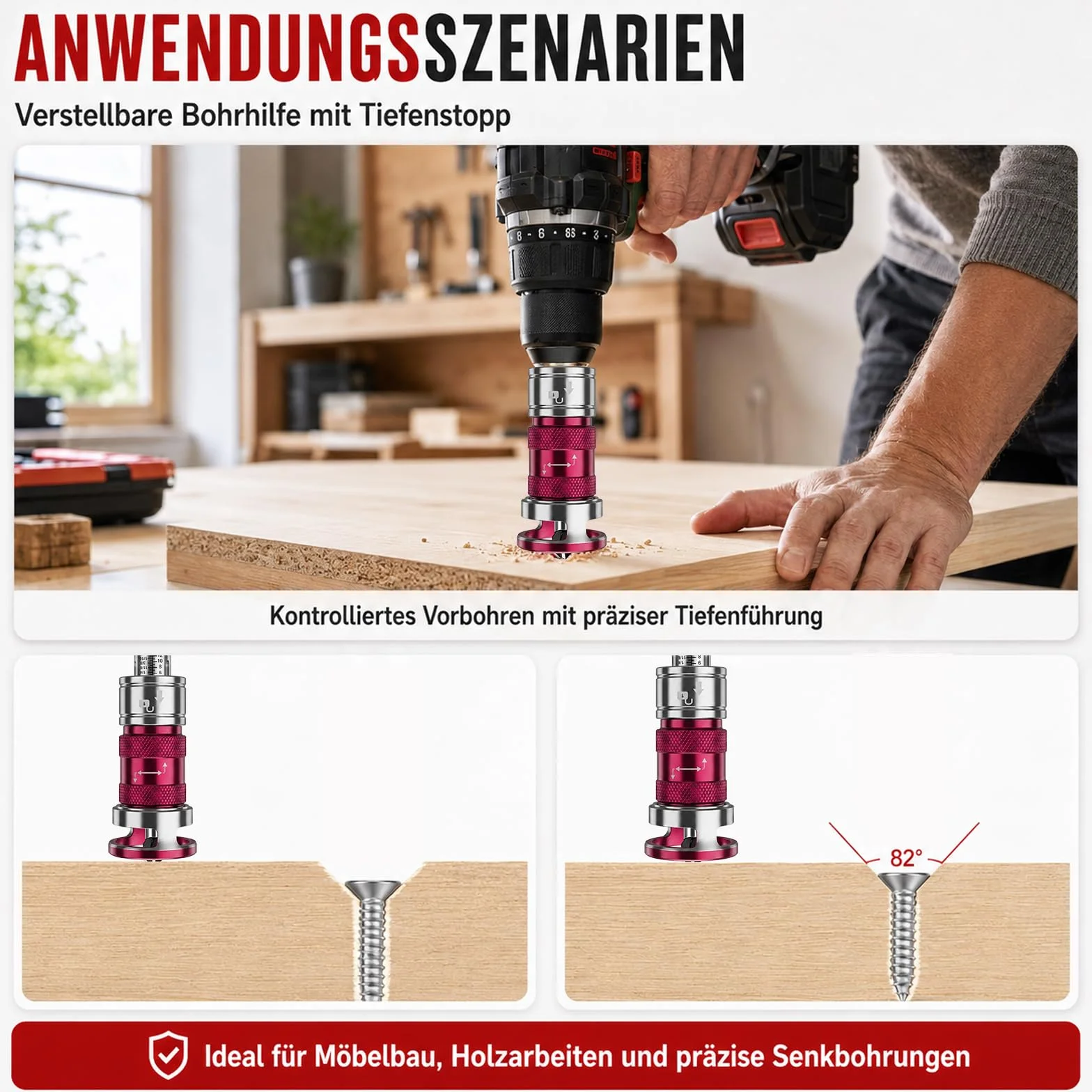 Set di 6 punte per svasatura conica, punte per legno con attacco di profondità regolabile, punta svasata con codolo esagonale da 1/4" per lavorazione del legno, fori uniformi