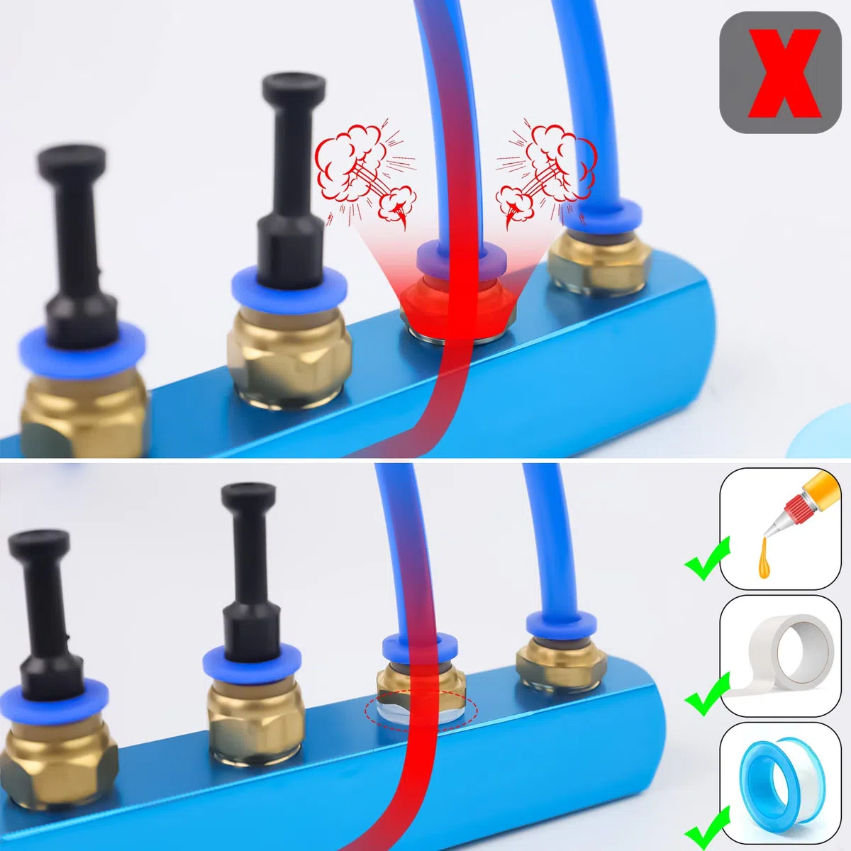 Aria Blocco Collettore Splitter, 1/4" Connettore Pneumatico da Attacco Rapido, Connettore Pneumatico con 4 Tappi in Rame, Adatto a Cilindri e Compressori