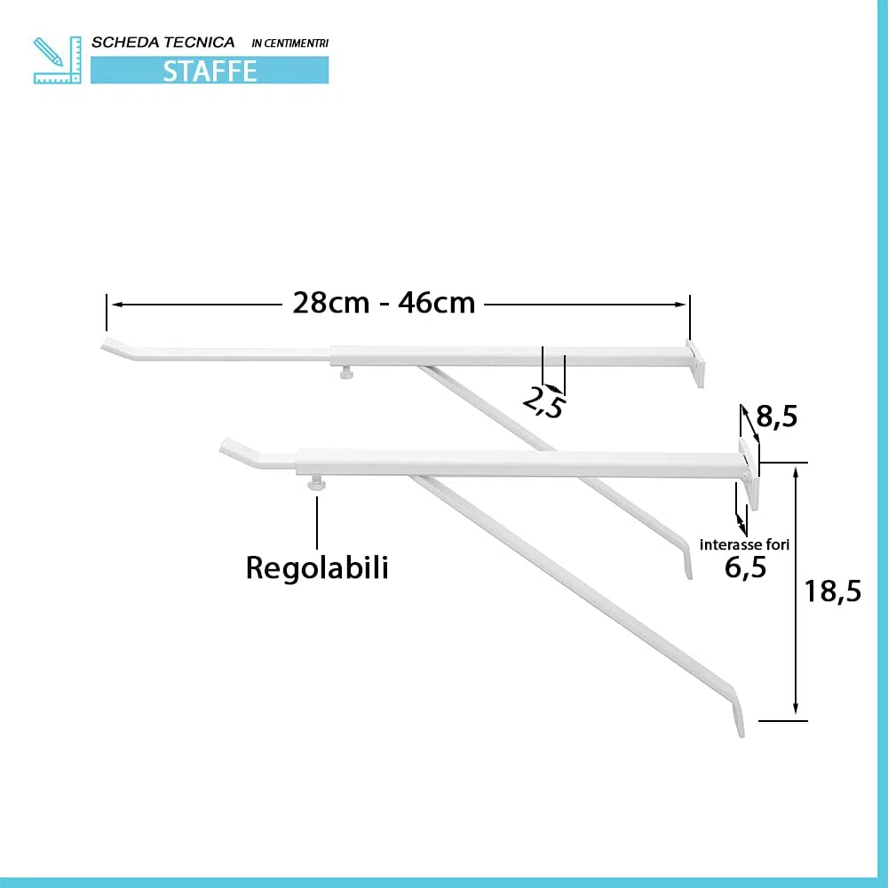 Coppia staffe per pilozzo e mensole a parete, regolabili da 28 a 46 cm, acciaio verniciato bianco (Lunghezza 28-46 cm)