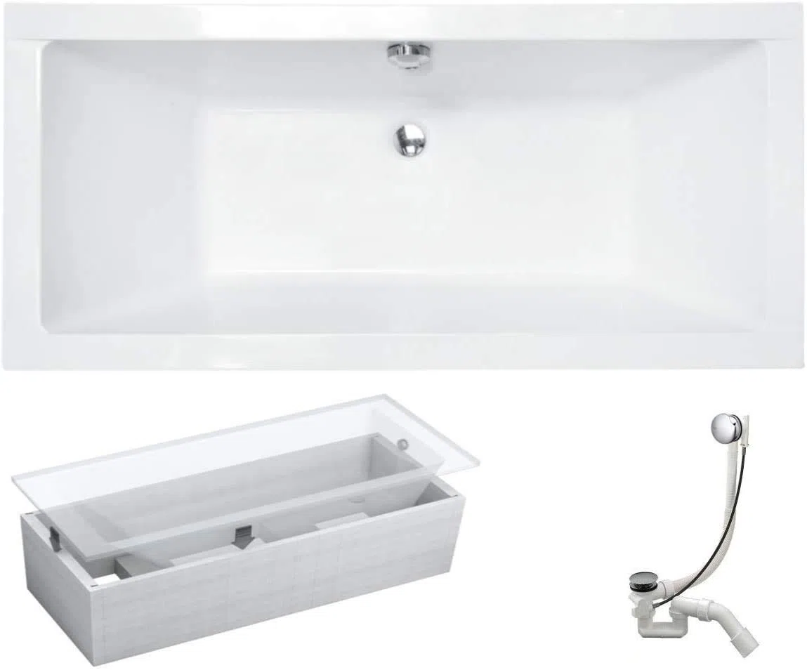 VBChome Vasca da bagno 155 x 70 cm in acrilico, rettangolare, bianco, design moderno, set di supporto in polistirolo, cromato, per 2 persone, con sifone