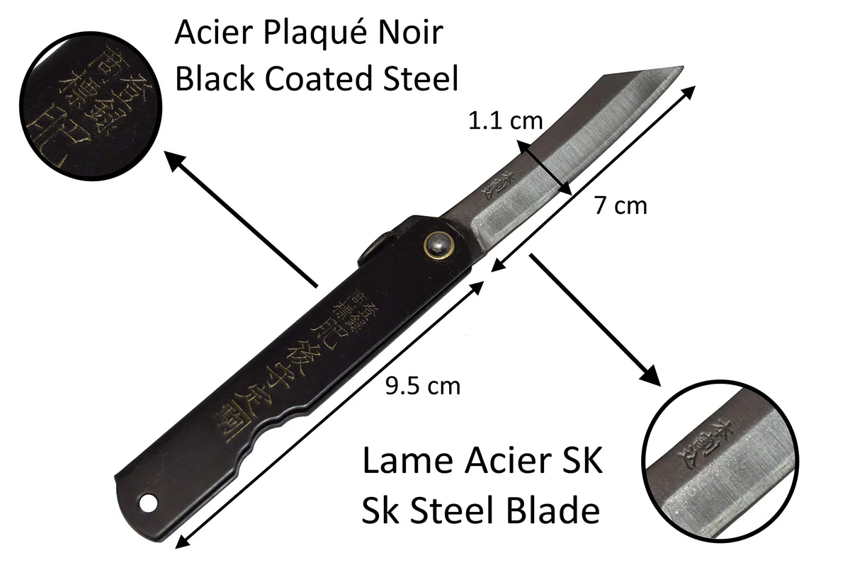 HIGO NO KAMI Coltello Tascabile Pieghevole Giapponese Warikomi SK Steel lama 7cm Manico Nero Fatto a Mano in Giappone da Nagao Kanekoma