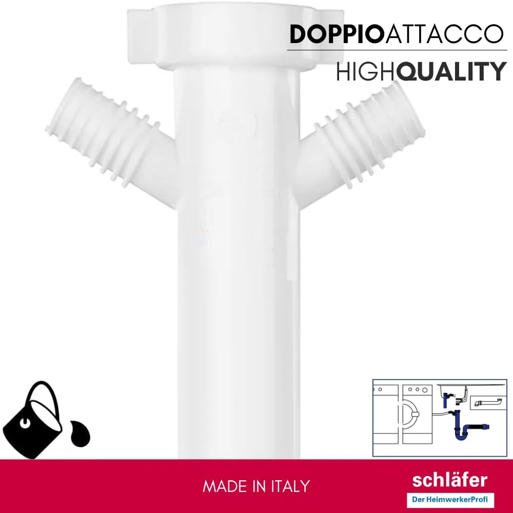 Schläfer 439305 | Sifone Universale con tubo flessibile Raccordo 1"1/2, Doppio Attacco per Lavastoviglie o Lavatrice, Connessione Usciata a Parete Diam. 40/50mm, Scarico Autopulente. Bianco