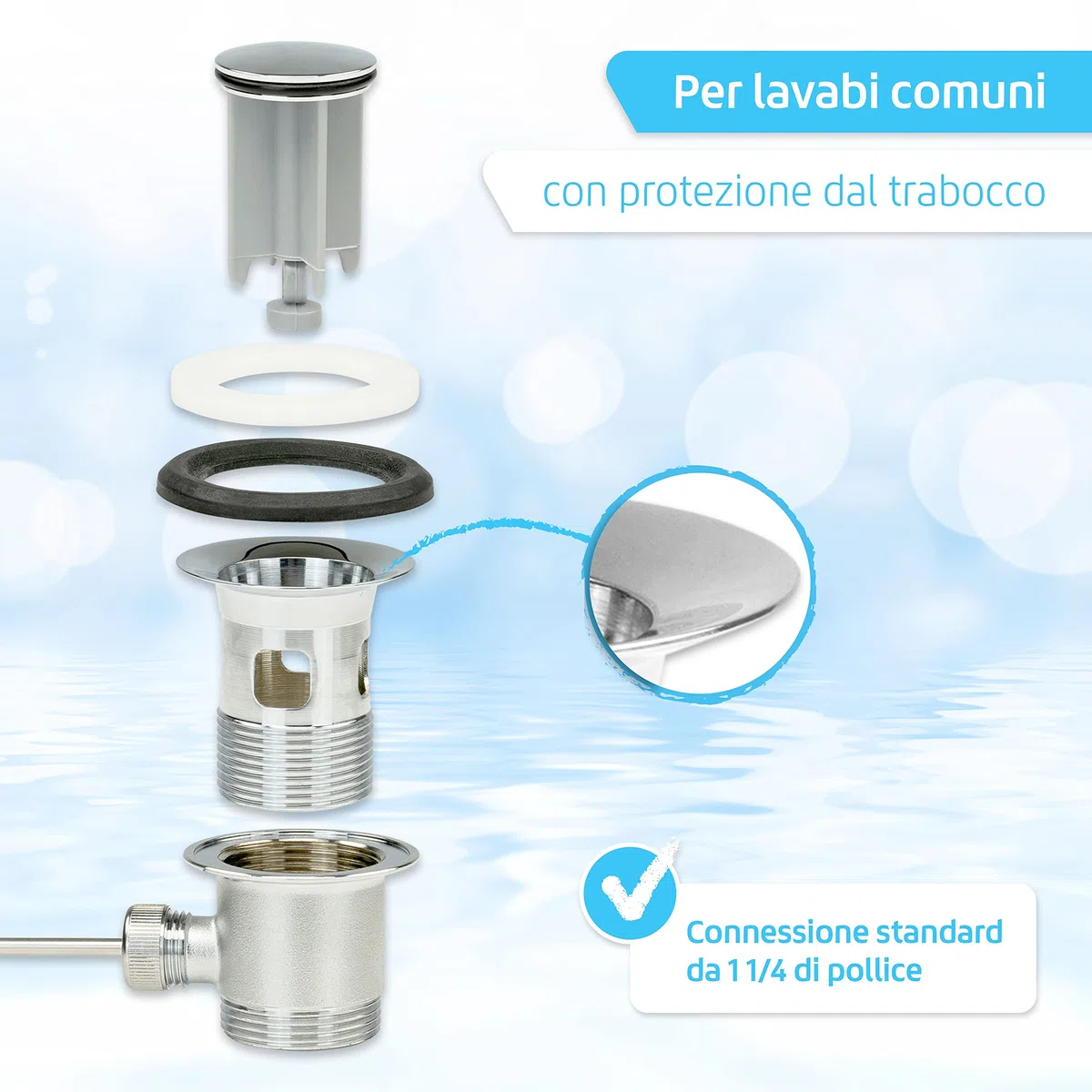 SANTRAS® PREMIUM set di scarico eccentrico per lavabo con protezione di troppopieno in cromo - set completo di troppopieno con tappo di scarico in 1 ¼ per rubinetto con raccordo a tirante