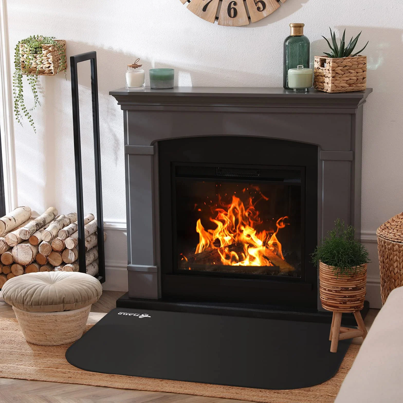 FLASLD Tappetino ignifugo per interni ed esterni, resistente alla fiamma, in fibra di vetro, per focolare e camino, protezione per stufe (nero, 63 x 99 cm)