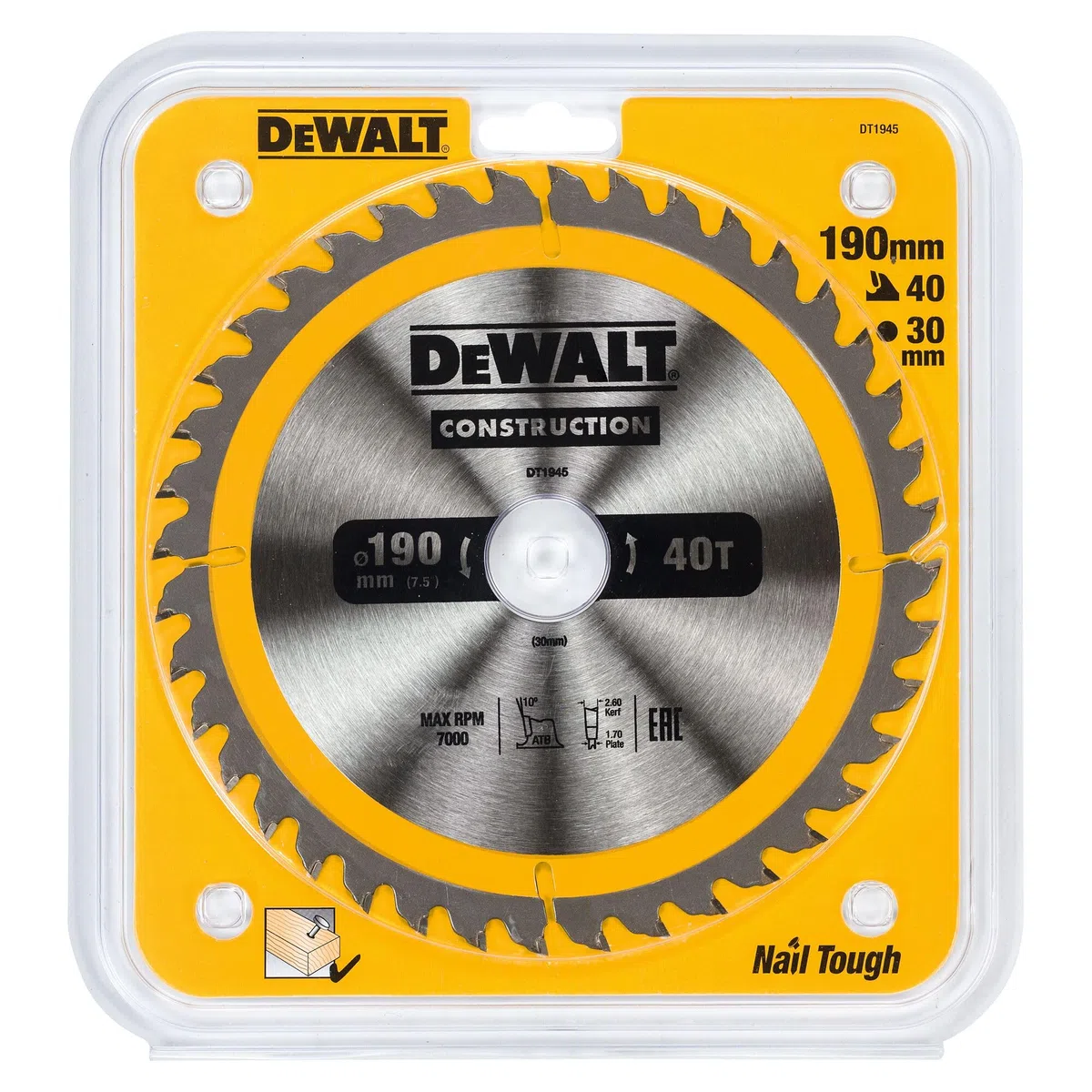 DEWALT DT1945-QZ Lama Circolare per Seghe Portatili Edilizia, 190 x 30 mm, 40 Denti