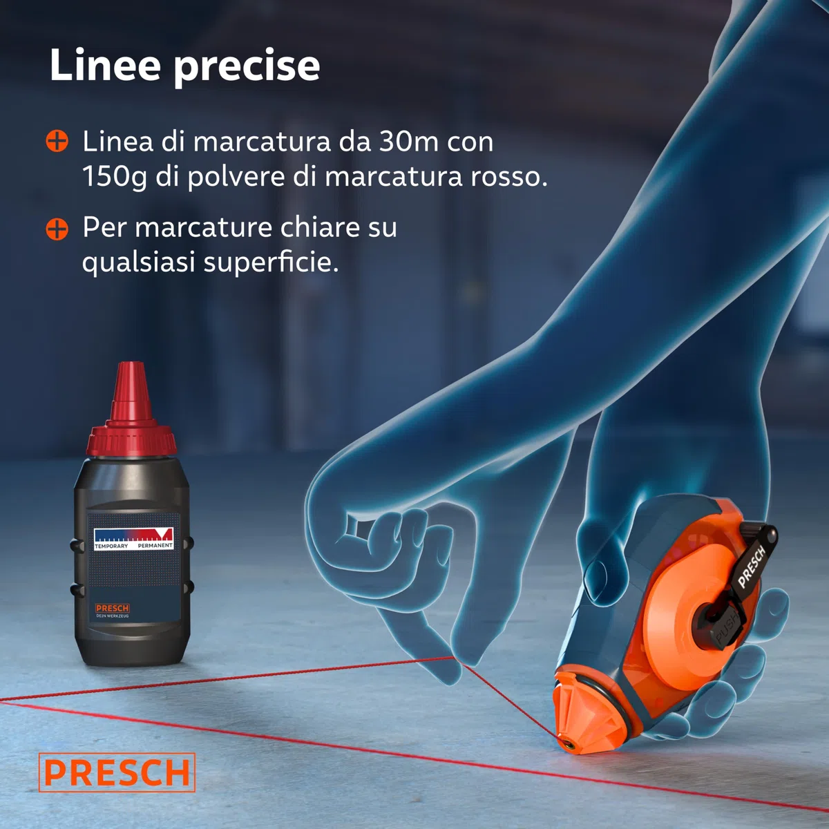 PRESCH Tracciatore a Filo da 30m con gesso rosso (150g) - Ritrazione rapida grazie al cambio 6:1 - Idrorepellente e resistente - Linea robusta per linee precise