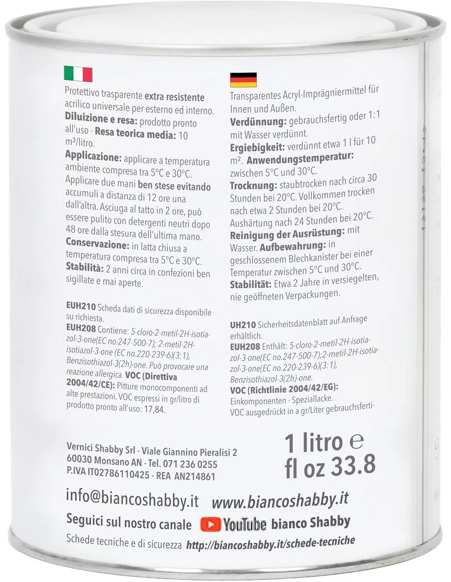 bianco Shabby Finitura Protettiva Trasparente Semi Lucida per Chalk Paint 1L – Antigraffio e Idrorepellente per Mobili, Legno, Arredo e Pareti