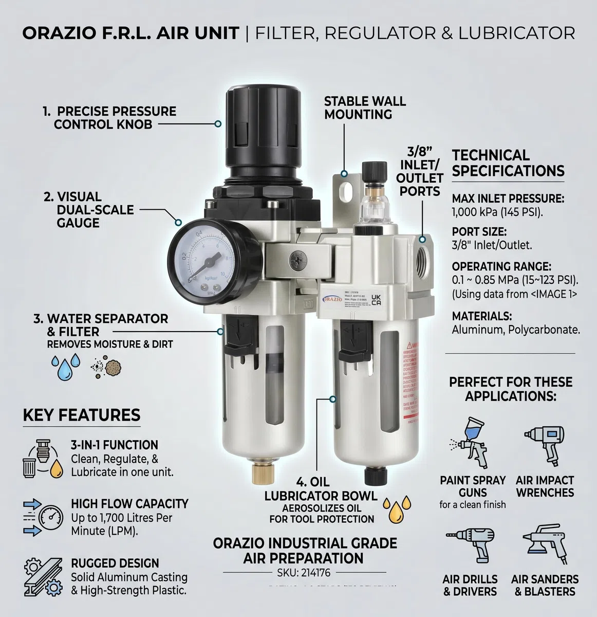 Regolatore Filtro Compressore d'Aria 3/8" ORAZIO Industriale Trappola di Umidità Dell'acqua Separatore d'Olio Lubrificatore per Utensili Pneumatici e pistole a spruzzo di vernice