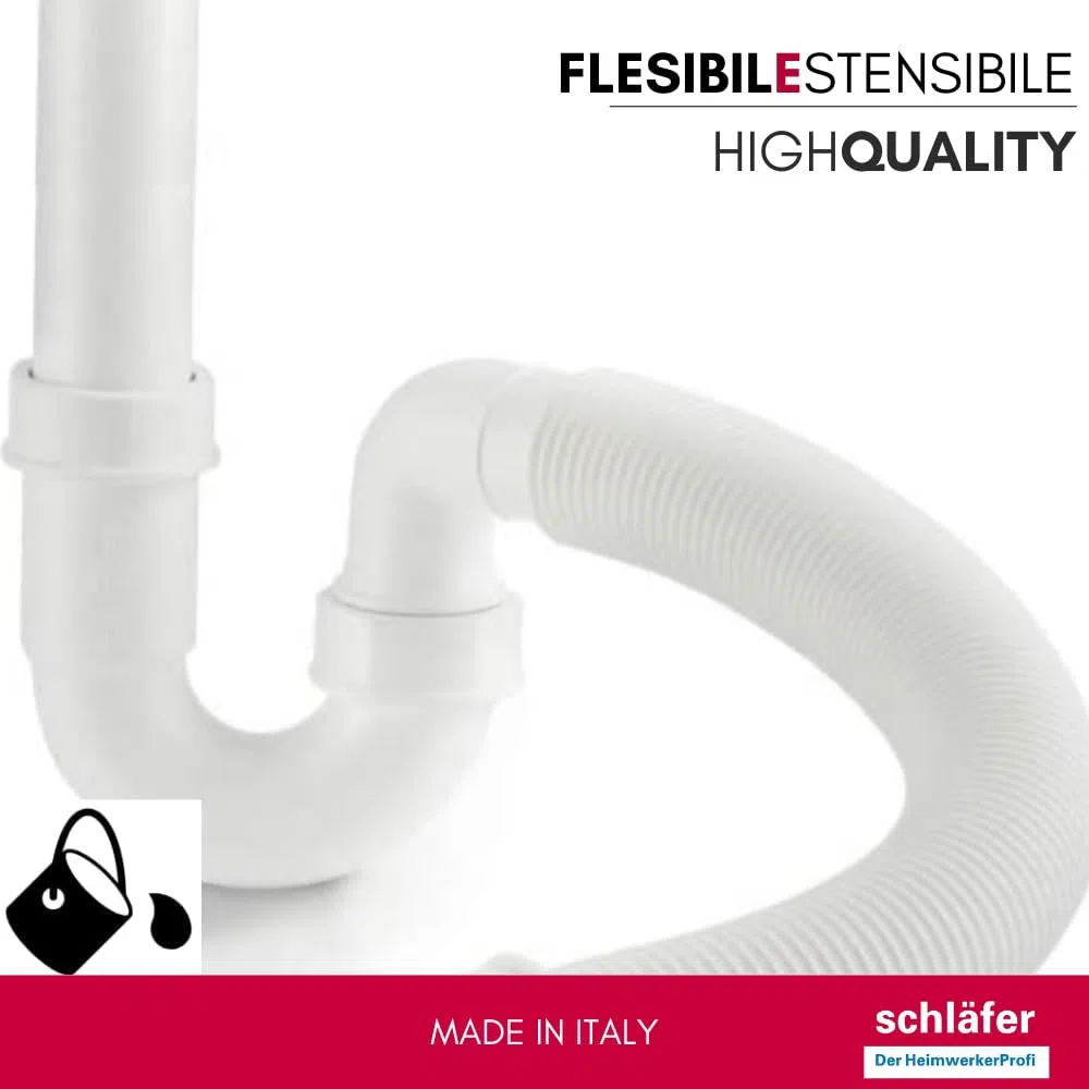 Schläfer 439305 | Sifone Universale con tubo flessibile Raccordo 1"1/2, Doppio Attacco per Lavastoviglie o Lavatrice, Connessione Usciata a Parete Diam. 40/50mm, Scarico Autopulente. Bianco