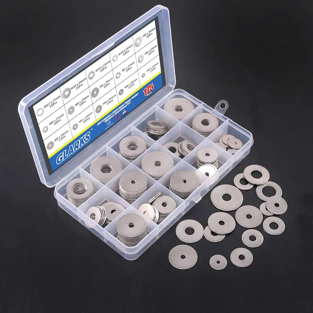 Glarks Set di 175 rondelle in acciaio inox 304 per parafango di grandi dimensioni -M3, M4, M5, M6, M8, M10, M12