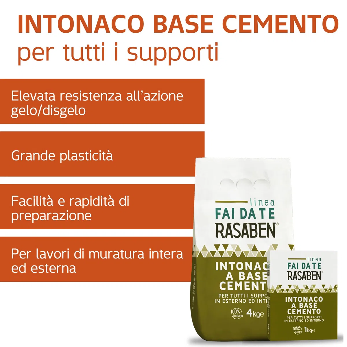 RASABEN - Intonaco a Base di Cemento per Ripristino di Intonaci, Finiture e Riparazioni, Ottima Elasticità e Lavorabilità, Resistente al Gelo, Uso Interno ed Esterno, Made in Italy, Sacco da 4kg