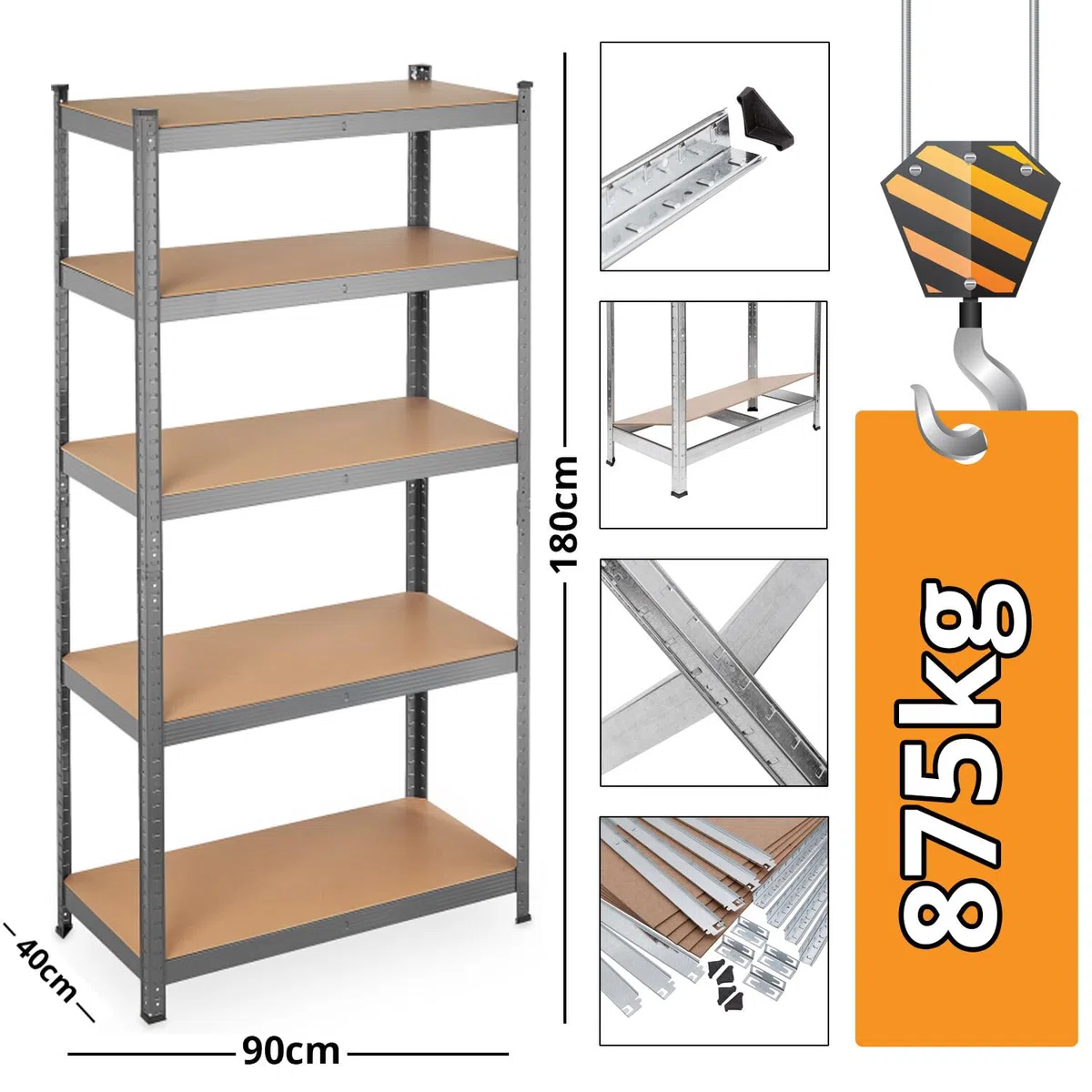 Scaffale per uso intensivo per il garage della casa - Scaffale durevole in acciaio e MDF, dimensioni 180x90x40 cm, capacità di peso totale 875 KG