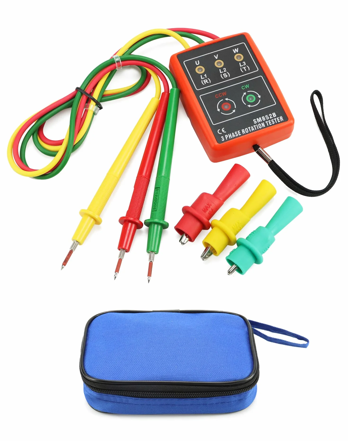 QWORK Tester di fase, misuratore di campo girevole per 3 fasi, 60 V ~ 600 V AC, 20 – 400 Hz, con tester estivo e morsetti a coccodrillo