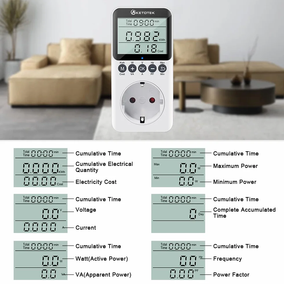 KETOTEK Misuratore di Consumo Elettrico Contatore del Consumo di Corrente Contatore Energia Elettrica con Schermo LCD Protezione da Sovraccarico Potenza Massima 3680W